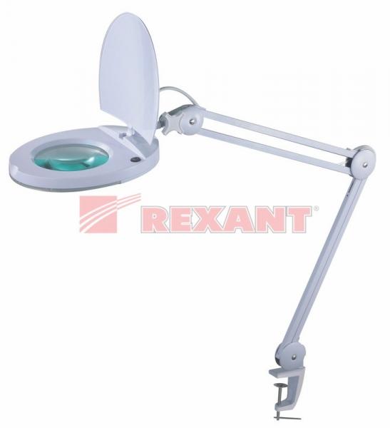 Лупа на струбцине круглая настольная 8Х с подсветкой с крышкой, белая   REXANT 31-0221