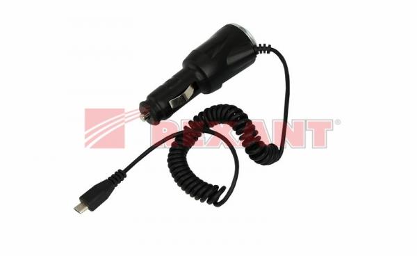 Автозарядка в прикуриватель microUSB (АЗУ) шнур спираль черная блистер 18-4090
