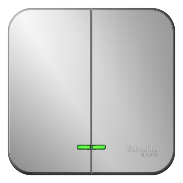Schneider Electric  BLANCA  Алюмин.  Выключатель 2-клавишный (cхема.5) с подсветкой, 10А, 250B, открытая установка BLNVA105103