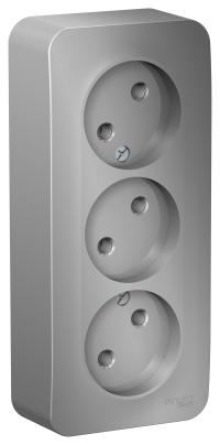 Schneider Electric  BLANCA  Алюминий  Розетка 3-местная без заземляющих контактов без шторок изолирующая пластина, 16А, 250В, открытая установка BLNRA000313