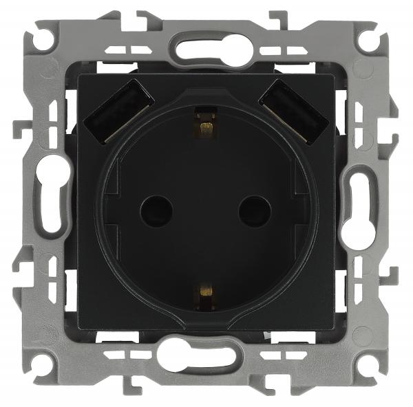14-4109-05  ЭРА Розетка 2P+E 16A-250В, штор. с 2xUSB 5В-3А, Эра Elegance, антрацит