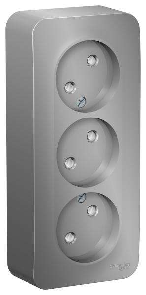 Schneider Electric  BLANCA  Алюмин.  Розетка 3-местная без заземляющих контактов со шторками изолирующая пластина16А,250В, открытая установка BLNRA001313