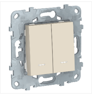 Schneider Electric Unica NEW Бежевый Выключатель 2-клавишный, 2 модуля, с подсветкой 2 х схема1а, NU521144N