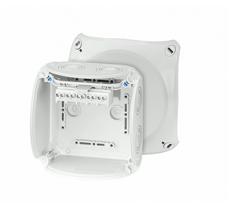 Коробка ответвительная KF 0604 G - , стойкая к УФ, "всепогодная", IP 66/67, размер 130х130х77, цвет светло-серый, материал поликарбонат, преднамеченные выбиваемые отверстия на 7 вводов М20/M25/М32, 5-полюсный клеммник от 1,5 - 6 (f/sol) мм2