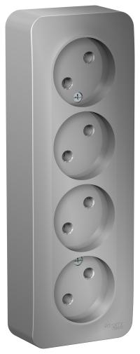 Schneider Electric  BLANCA  Алюмин.  Розетка 4-местная без заземляющих контактов без шторок изолирующая пластина, 16А, 250В, открытая установка BLNRA000413