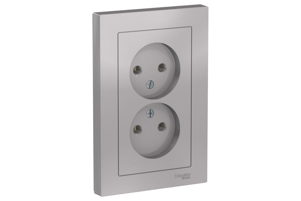 Schneider Electric AtlasDesign Алюминий  Розетка 2-местная без заземляющих контактов16А, в сборе ATN000320