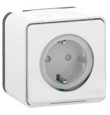 Schneider Electric Mureva Styl  Белый Розетка в сборе 1-местная с заземляющими контактами, и шторками открытая установка IP55 (быстрозажим) MUR39034