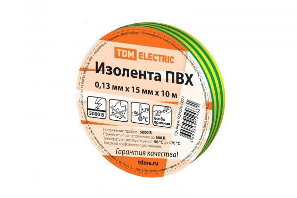 Изолента ПВХ желто-зеленая 15мм 10м TDM