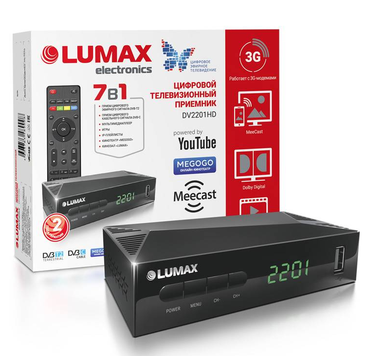 Ресивер цифрового эфирного ТВ LUMAX DV2201HD дисплей,HDMI,большой ПДУ,Wi-Fi,Dolby