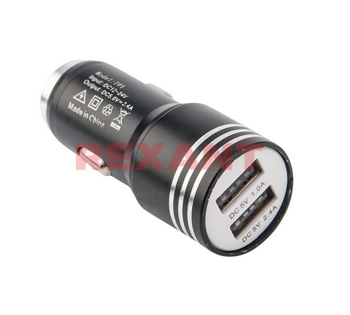Автозарядка в прикуриватель 2хUSB с молотком (АЗУ) (1000+2100 mA) черная REXANT 18-1948