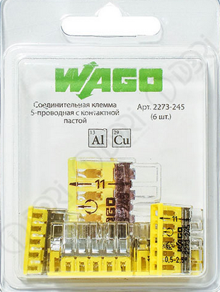 Wago 2273-245  Клемма 5-проводная соединительная для распределительных коробок с пастой (упаковка 6шт) 2588