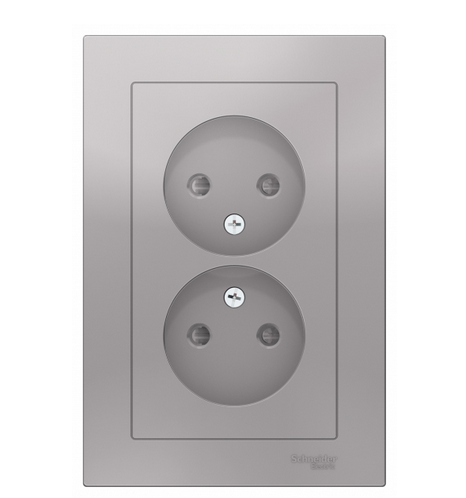 Schneider Electric AtlasDesign Алюминий  Розетка 2-местная без заземляющих контактов со шторками16А, в сборе ATN000322
