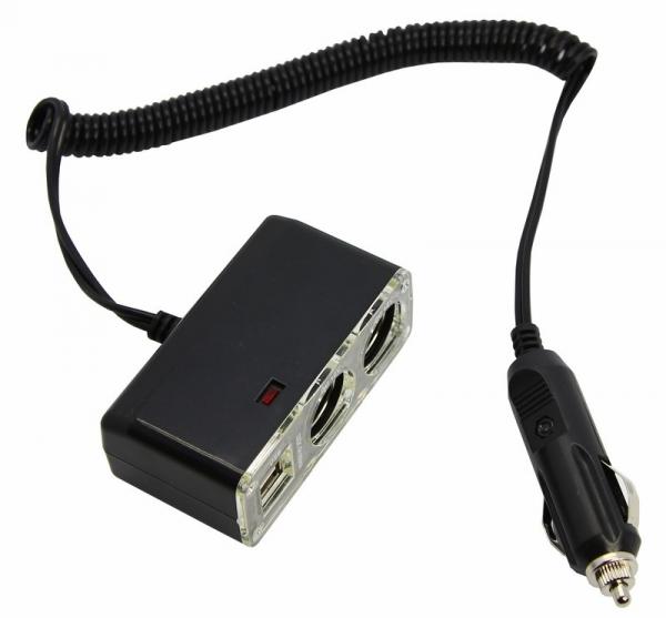 Разветвитель автоприкуривателя 2 гнезда 2хUSB (5V 1000mA) гнур спирать 1.5м REXANT арт.16-0225 16-0225