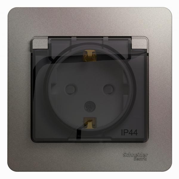 Schneider Electric Glossa Платина Розетка с заземляющими контактами со шторками с крышкой IP44, 16А, 250В, в сборе IP20 скрытая установка GSL001248