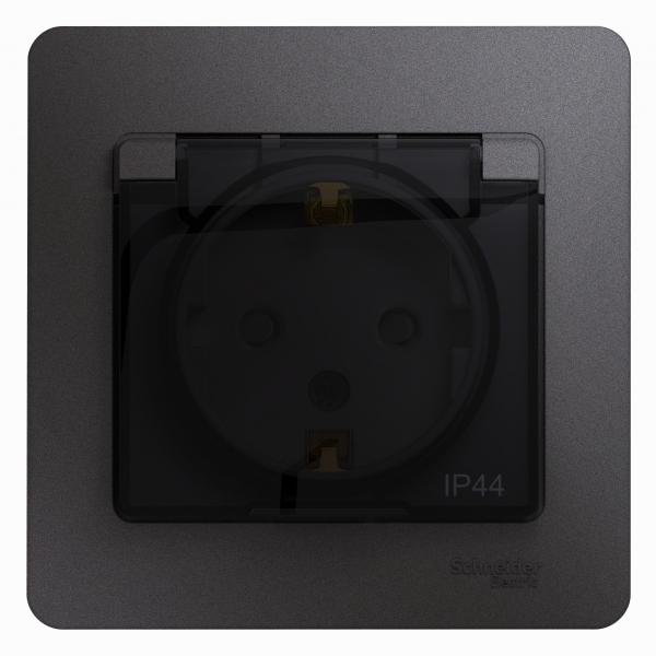 Schneider Electric Glossa Графит Розетка с заземляющими контактами со шторками с крышкой IP44, 16А, 250В, в сборе IP20 скрытая установка GSL001348