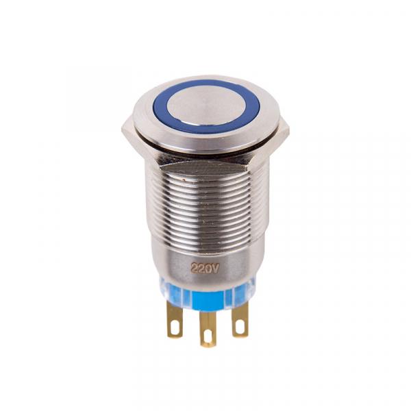 Кнопка  антивандальная Ø19 12В Фикс (5с) ON-OFF/OFF-ON подсв/синяя  REXANT 36-3421