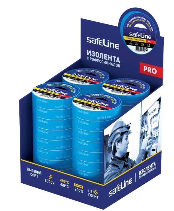 Изолента ПВХ синяя 15мм 20м Safeline, шоу-бокс (кратно 36)