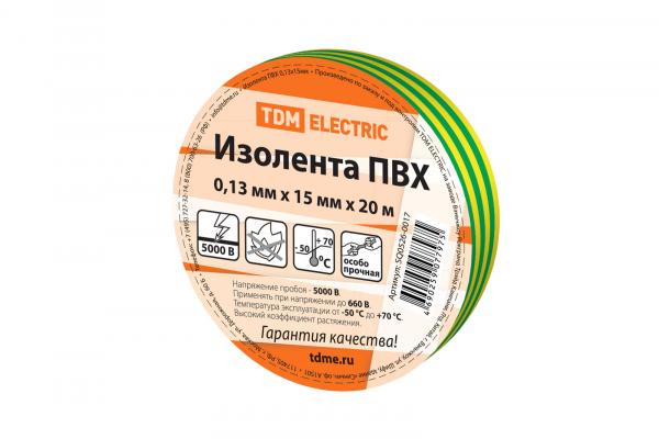 Изолента ПВХ желто-зеленая 15мм 20м TDM