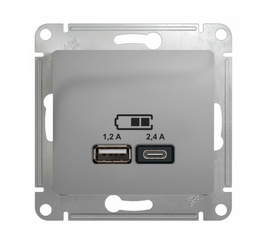 Schneider Electric Glossa Алюминий Розетка USB  A+С, 5В/2,4А, 2х5В/1,2 А, механизм GSL000339