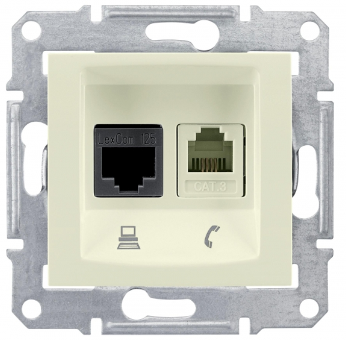 Schneider Electric Sedna  Бежевый Розетка механизм телефоная + компьютерная RJ11 + RJ45 категория 5е, неэкранированная UTP с пружинными зажимами IP20 скрытая установка SDN5100147