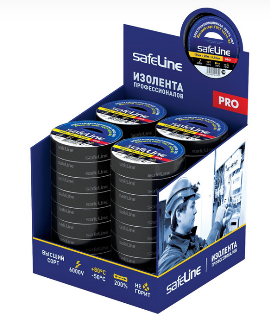Изолента ПВХ черная 19мм 20м Safeline шоу-бокс (кратно 28)