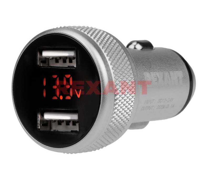 Автозарядка в прикуриватель 2хUSB с дисплеем (АЗУ) (1000+2100 mA) серебристая REXANT 18-1947