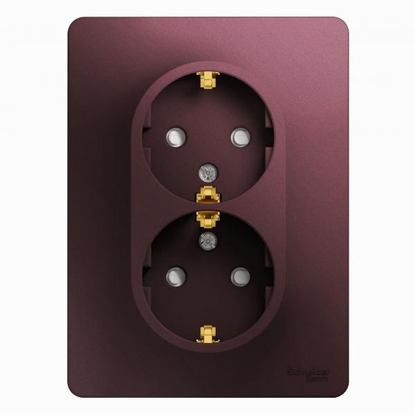 Schneider Electric Glossa Баклажановый Розетка 2-местная с заземляющими контактами со шторками, 16А, 250В, в сборе IP20 скрытая установка GSL001126