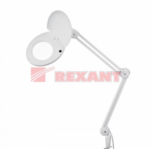 Лупа на струбцине круглая настольная 3Х с подсветкой с крышкой, белая   REXANT 31-0202