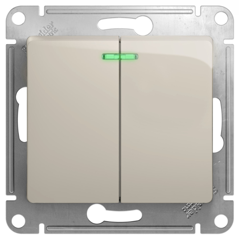 Schneider Electric Glossa Молочный Выключатель 2-клавишный с подсветкой, схема 5а,10AX, механизм IP20 скрытая установка GSL000953
