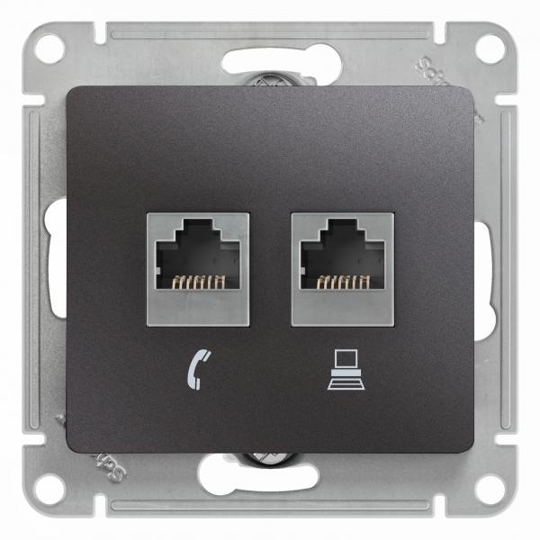 Schneider Electric Glossa Графит Розетка 2-местная RJ11+RJ45, категория 5E,механизм IP20 скрытая установка GSL001385