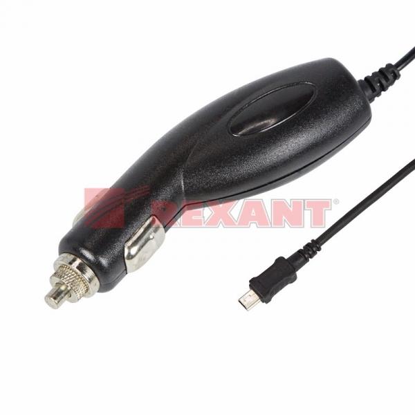 Автозарядка в прикуриватель miniUSB (АЗУ) (5V, 1000mA) шнур спираль 1.2М черная REXANT 16-0251