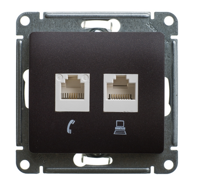 Schneider Electric Glossa Шоколад Розетка 2-местная компьютерная RJ45+RJ45, категория 5E, механизм IP20 скрытая установка GSL000885KK