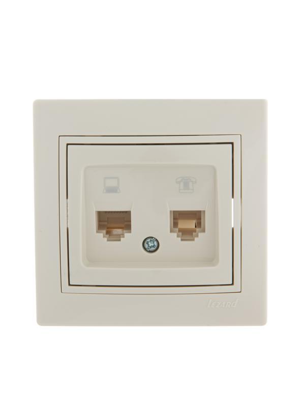 Розетка компьютерная + телефонная 2-м СП Mira RJ45 + RJ11 крем./крем.. LEZARD 701-0303-143