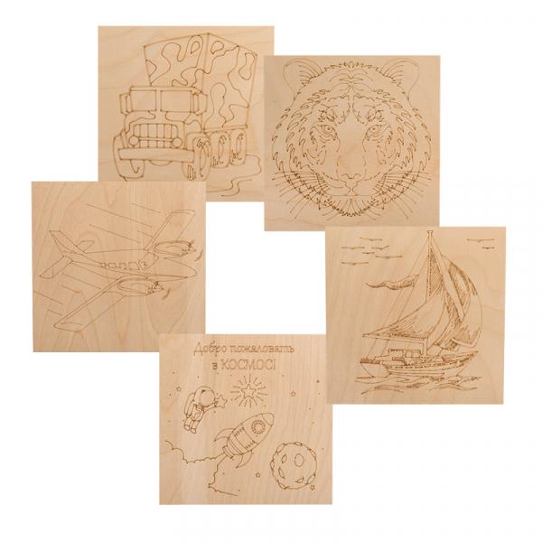 Доски для выжигания REXANT, «Для мальчиков», 150х150 мм, набор 5 шт. (Тигр/Самолет/Машина/Парусник/Космос) в пакете 12-0929