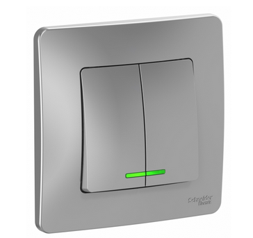 Schneider Electric  BLANCA  Алюминий  Выключатель 2-клавишный (cхема 5) с подсветкой, 10А, 250B, скрытая установка  BLNVS010513