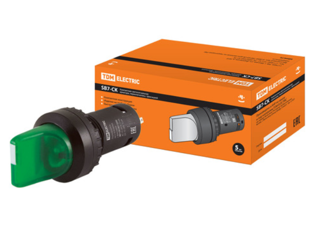 Переключатель на 2 положения с фиксацией SB7-CK2361-220V короткая ручка(LED) d22мм 1з зеленый TDM