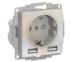 Schneider Electric  ATLASDESIGN  Жемчуг  Розетка 16А c 2 USB A+A, 5В/2,4А, 2х5В/1,2А, механизм, ATN000430