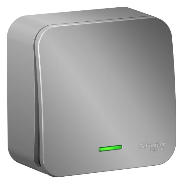 Schneider Electric  BLANCA  Алюминий  Выключатель 1-клавишный (cхема.1) с подсветкой изолирующая пластина, 10А, 250B, открытая установка BLNVA101113