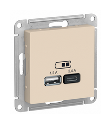 Schneider Electric AtlasDesign Бежевый Розетка USB  A+С, 5В/2,4А, 2х5В/1,2А, механизм ATN000239