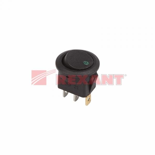 Выключатель клавишный круглый 12V 16А (3с) ON-OFF черный  с зеленой подсветкой  (RWB-215, MIRS-101Е-8С/D)  REXANT 36-2583
