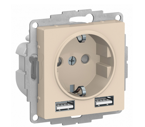 Schneider Electric AtlasDesign Бежевый Розетка механизм 16А c 2 USB A+A, 5В/2,4А, 2х5В/1,2А, ATN000230