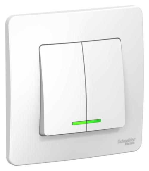 Schneider Electric  BLANCA  Белый  Выключатель 2-клавишный (cхема 5) с подсветкой 6А, 250В, IP20  скрытая установка BLNVS006511