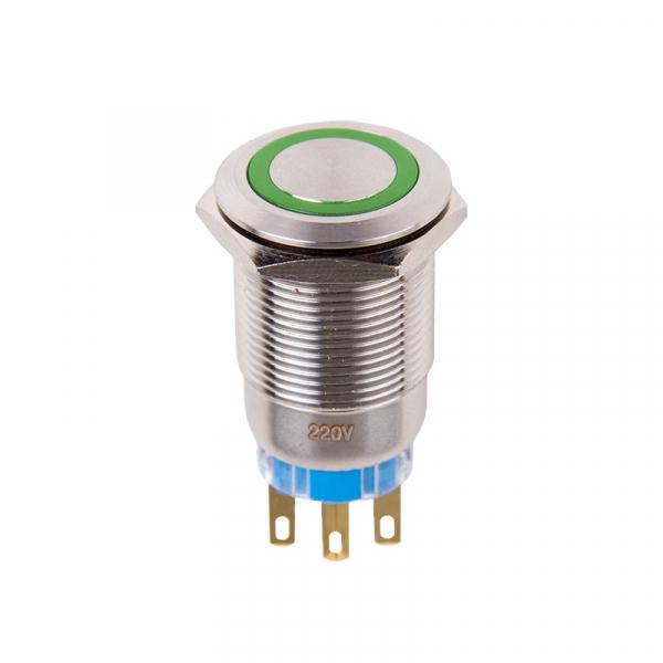 Кнопка  антивандальная Ø19 250В Фикс (5с) ON-OFF/OFF-ON подсв/зеленая  REXANT 36-3443
