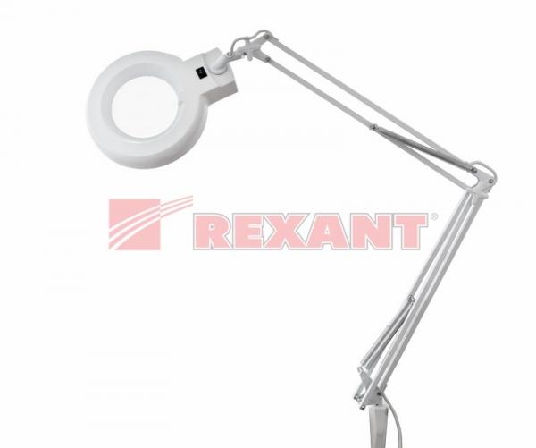 Лупа на струбцине круглая настольная 8Х с подсветкой, белая  REXANT 31-0021