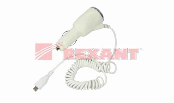 Автозарядка в прикуриватель microUSB (АЗУ) шнур спираль белая блистер 18-4094