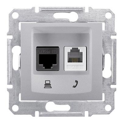 Schneider Electric Sedna Алюминий Розетка механизм телефоная + компьютерная RJ11 + RJ45 категория 6, неэкранированная UTP с пружинными зажимами IP20 скрытая установка SDN5200160