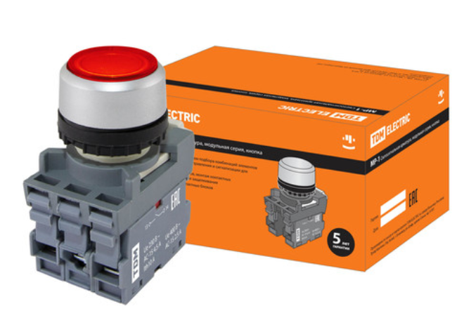 Кнопка MP1-21R(LED) в сборе d22мм/220В 1з+1р красная TDM