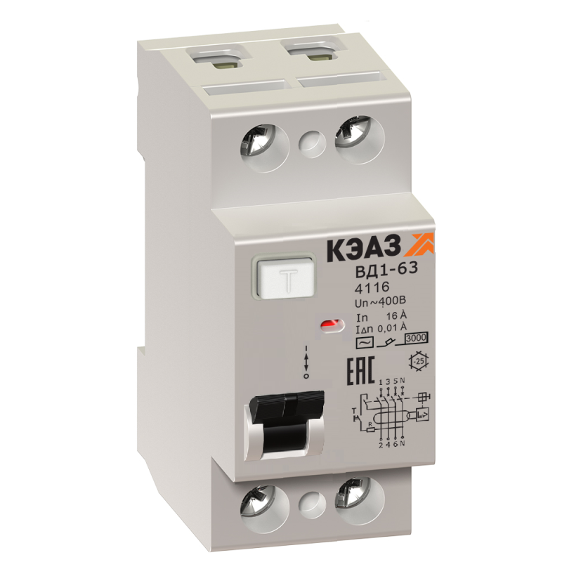 Выключатель дифференциального тока (УЗО) 2п 16А 30мА тип A ВД1-63 2216-А УХЛ4 КЭАЗ 221927