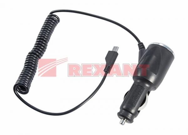 Автозарядка в прикуриватель microUSB (АЗУ) (5V, 1000mA) шнур спираль 1.5М черная REXANT 16-0245