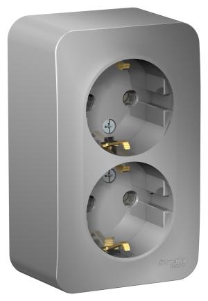 Schneider Electric  BLANCA  Алюминий  Розетка 2-местная с заземляющими контактами без шторок изолирующая пластина, 16А, 250В,  открытая установка   BLNRA010213